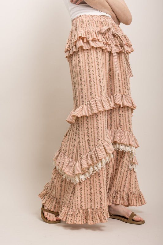 Tiered Ruffle Statement Pants in Peach - ivyandlavyboutique Blue Velvet