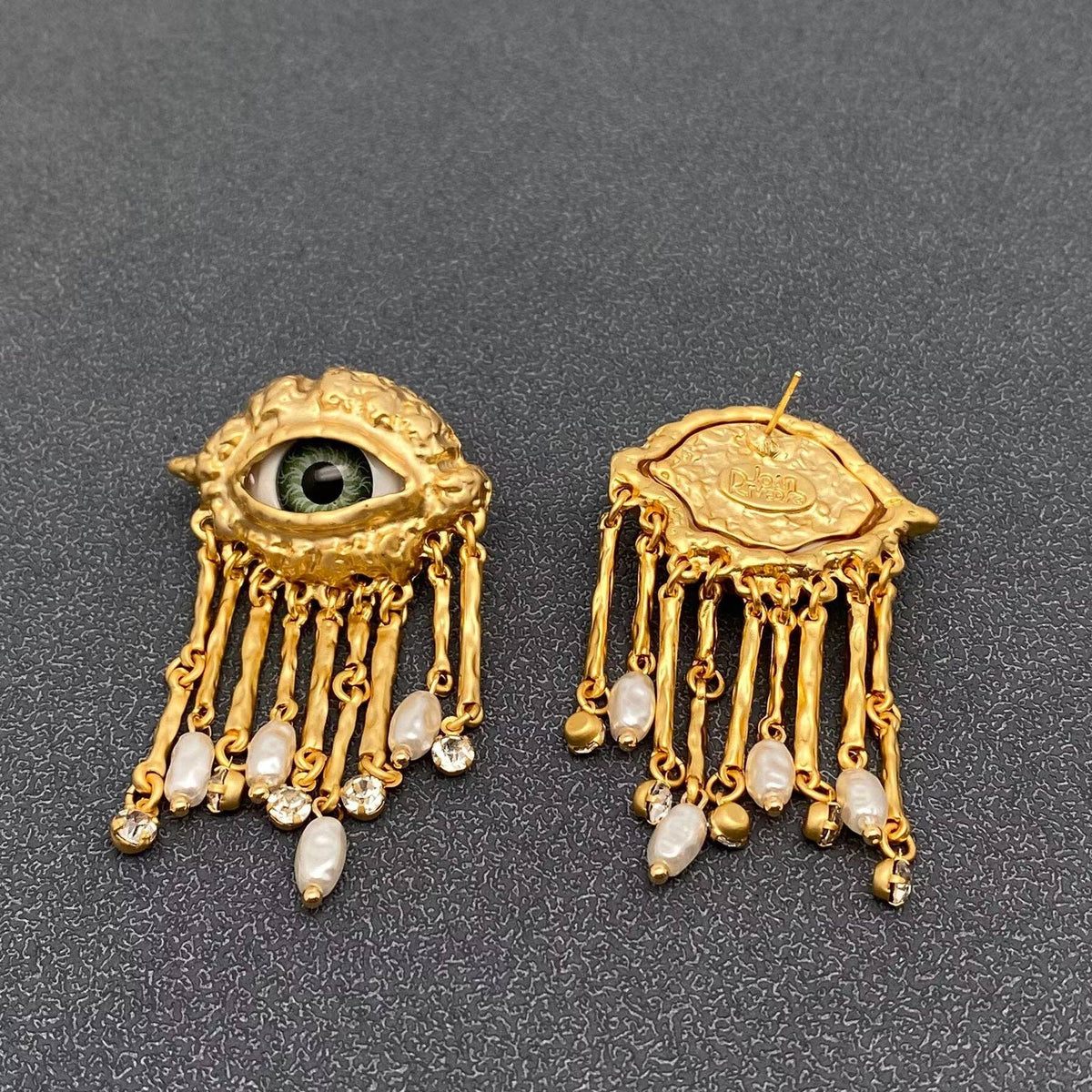 Turkey Evil Eye Pearl & CZ Metal Tassel Post Earrings - ivyandlavyboutique Mio Queena