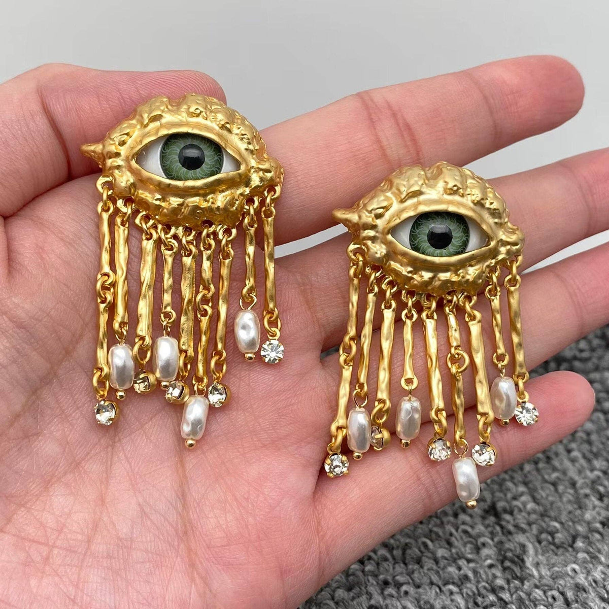 Turkey Evil Eye Pearl & CZ Metal Tassel Post Earrings - ivyandlavyboutique Mio Queena