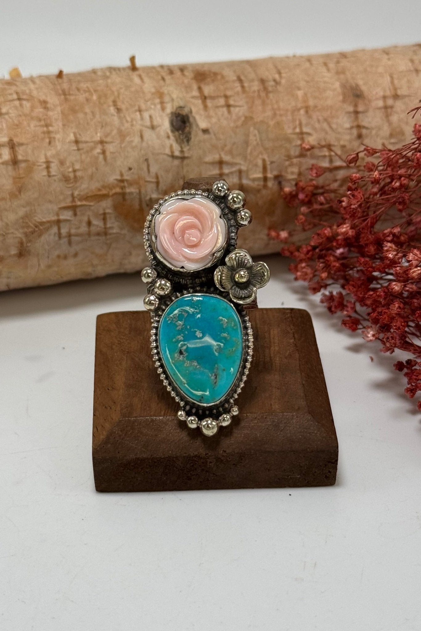 Turquoise and Tose Flower Ring - ivyandlavyboutique ivyandlavyboutique