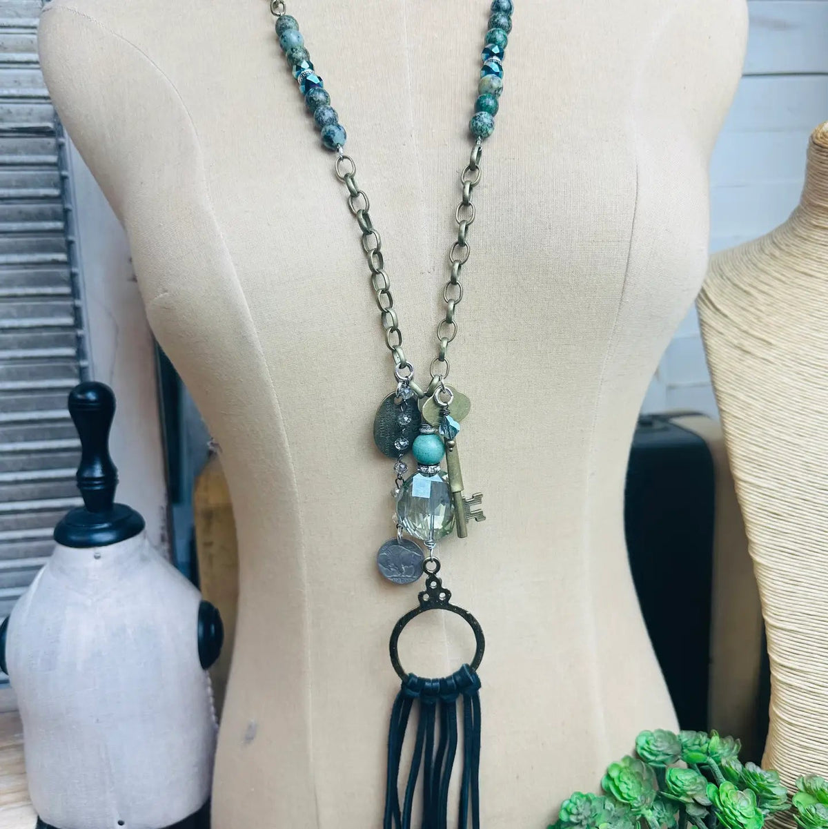 Turquoise Leather Fringe Necklace - ivyandlavyboutique Scooples Jewelry