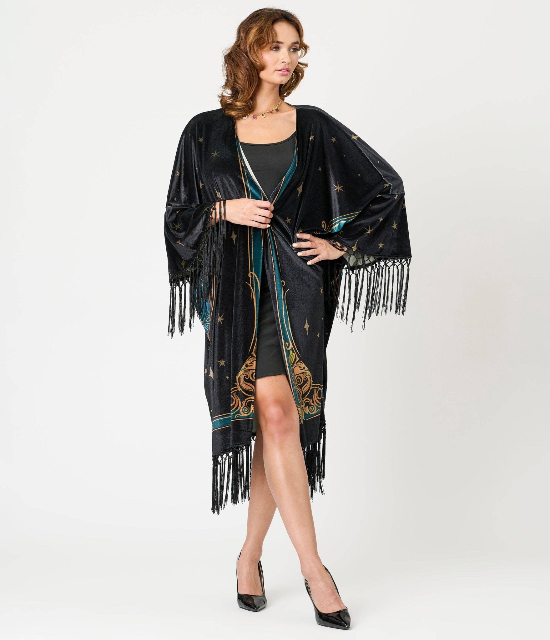 Unique Vintage Black Art Nouveau Fringe Kimono: One Size - ivyandlavyboutique Unique Vintage
