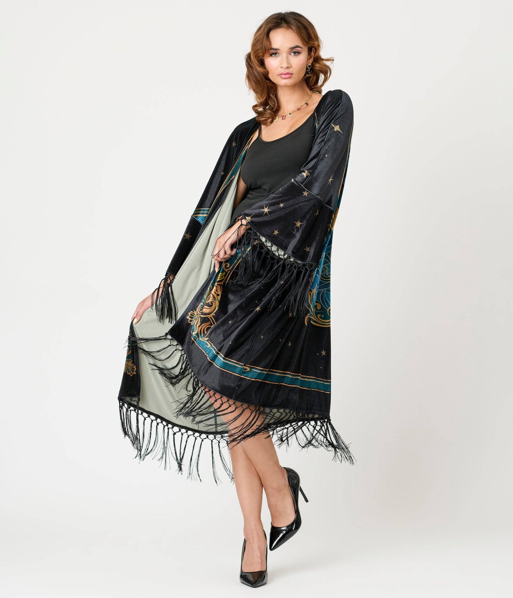 Unique Vintage Black Art Nouveau Fringe Kimono: One Size - ivyandlavyboutique Unique Vintage
