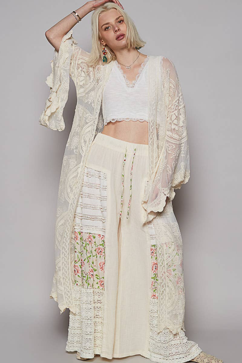 V - neck long sleeve floral crochet open cardigan: NATURAL / Os - ivyandlavyboutique Pol Clothing