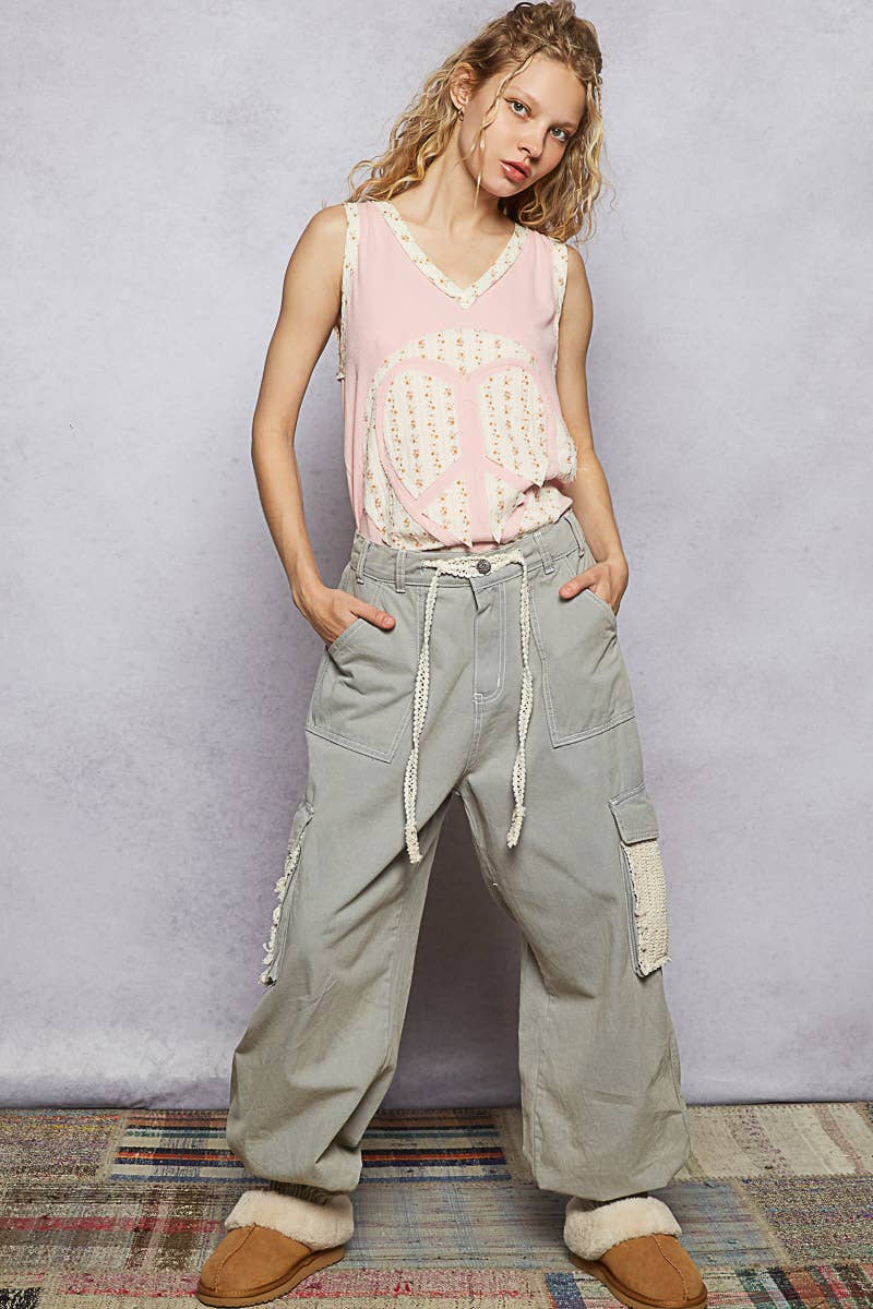 V - neck sleeveless front woven heart peace patch top - ivyandlavyboutique Pol Clothing