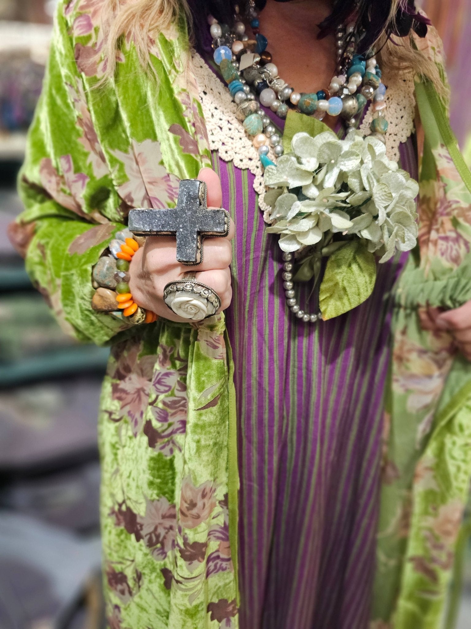 Velvet Burnout Elegant Duster - ivyandlavyboutique A Rare Bird Shop