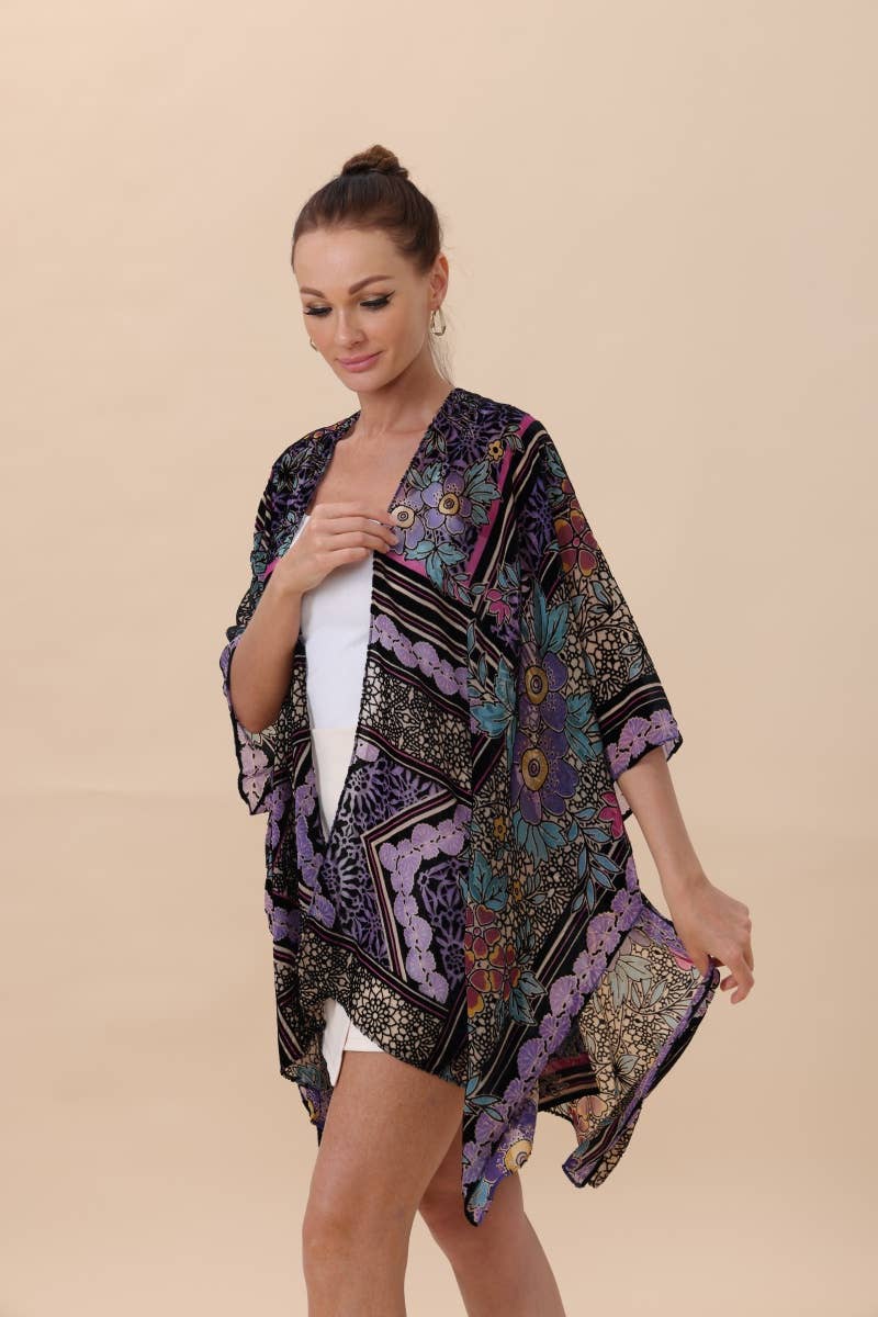 Velvet Flower Spring Blossom Kimono - Intricate Textures: Purple - ivyandlavyboutique Leto Accessories