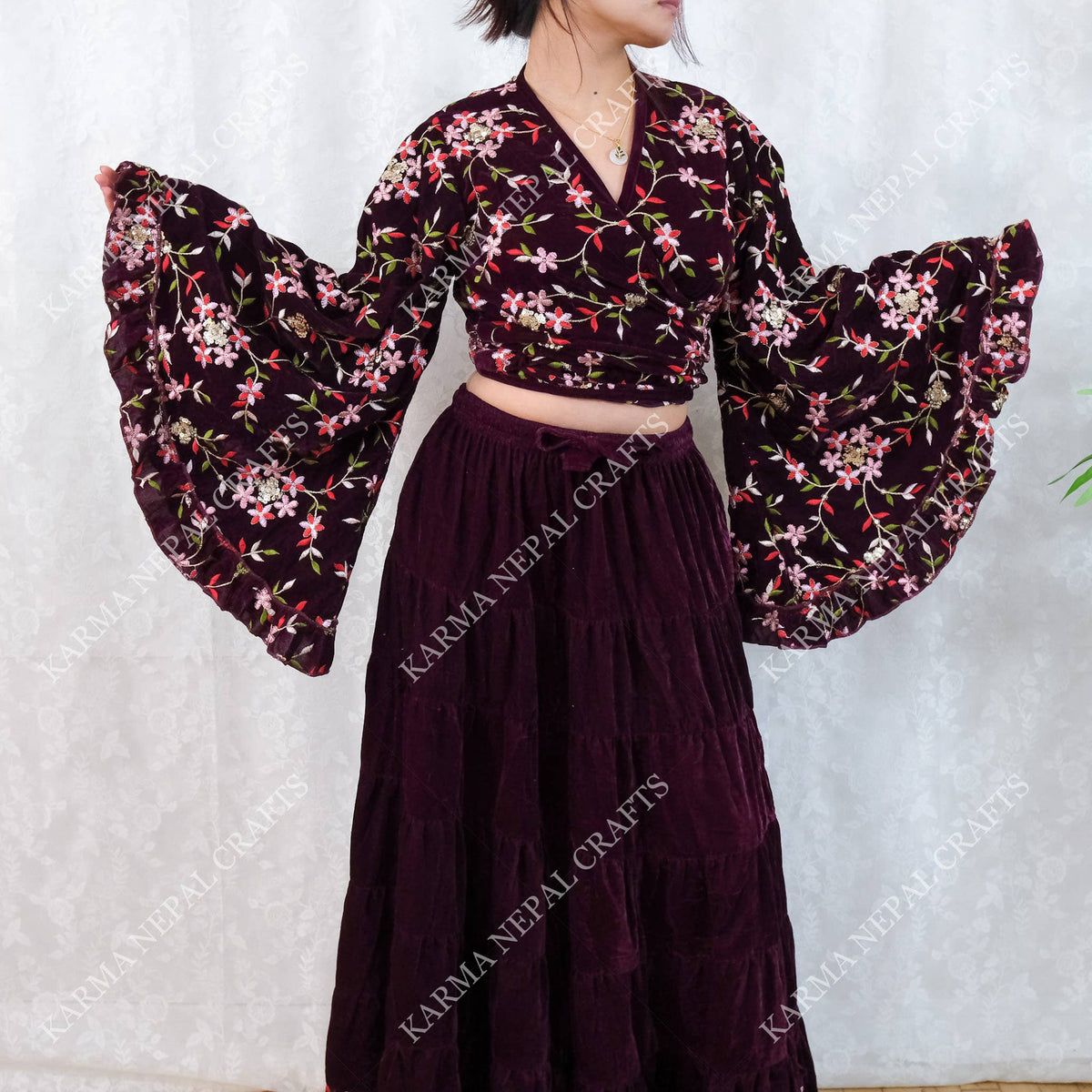 Velvet Hand Embroidered Wrap Top - ivyandlavyboutique Karma Nepal Crafts