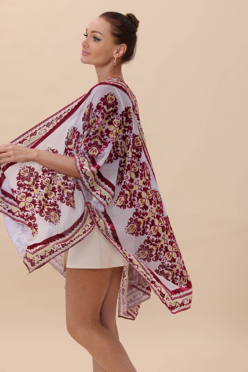 Velvet Rose Regal Kimono Cardigan - Sheer & Velvet!: Red - ivyandlavyboutique Leto Accessories