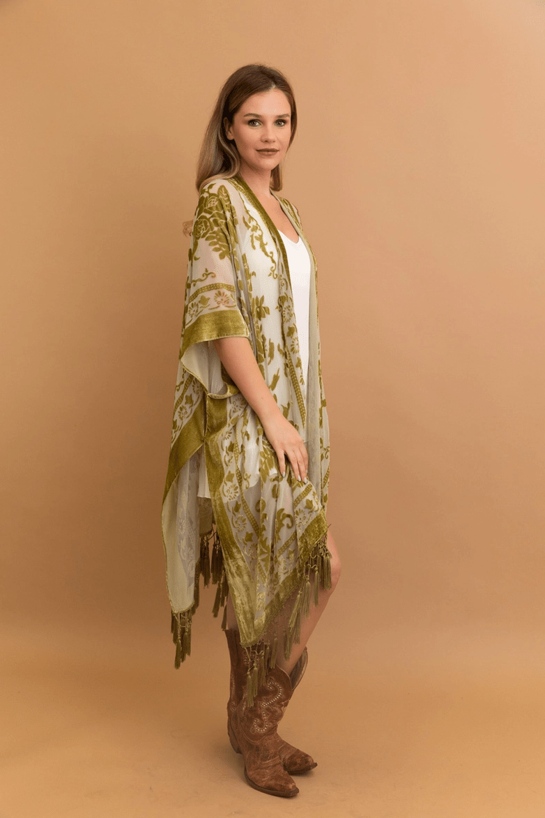 Victoria Velvet Burnout Mesh Tassel Kimono - ivyandlavyboutique Leto