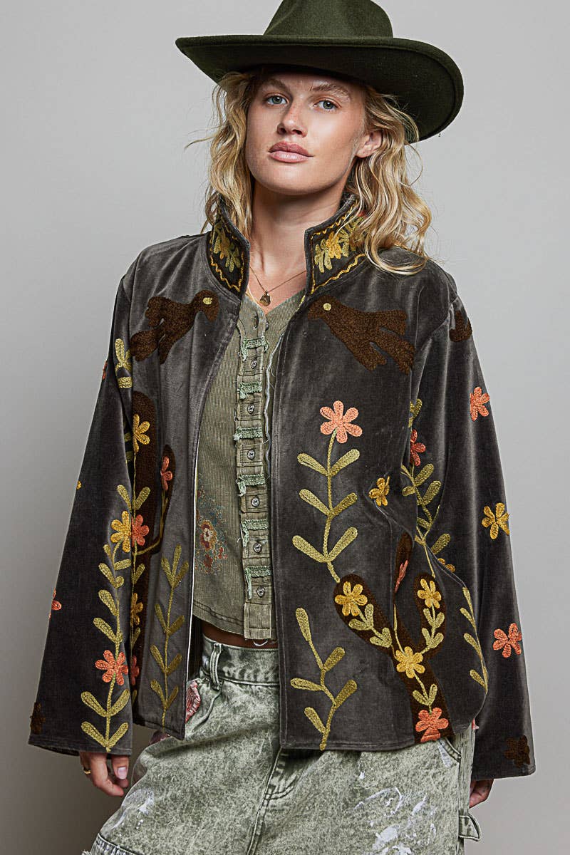Vine around my Heart Embroidery Floral Open-Front Closure Velvet Jacket - ivyandlavyboutique Pol Clothing