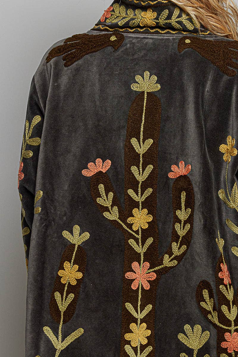 Vine around my Heart Embroidery Floral Open-Front Closure Velvet Jacket - ivyandlavyboutique Pol Clothing