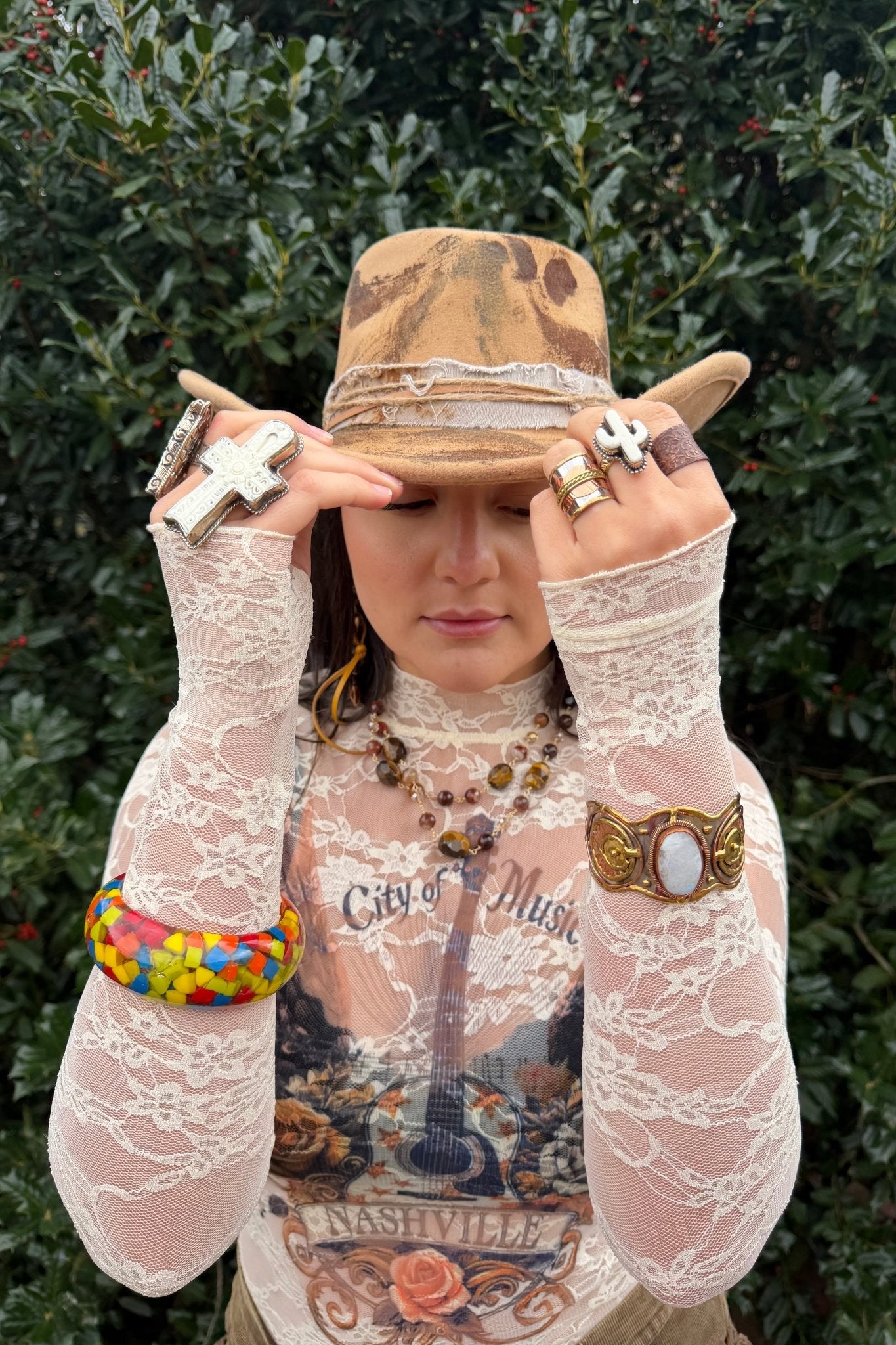 Vintage Boho Feather And Beaded Strap Western Cowboy Hat - ivyandlavyboutique ivyandlavyboutique