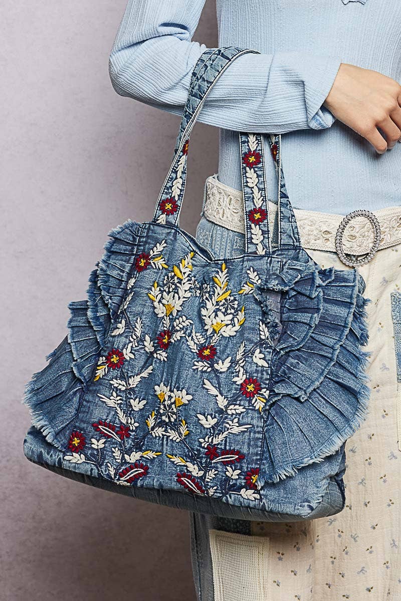 Vintage Wash Embroidered Ruffle Denim Tote Bag: DENIM / OS - ivyandlavyboutique Pol Clothing