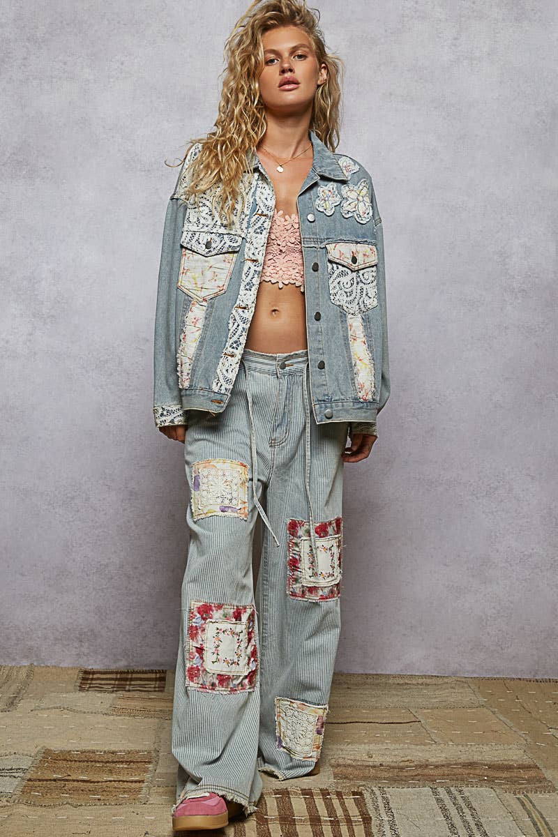 Vintage washed elastic band striped denim pants - ivyandlavyboutique Pol Clothing