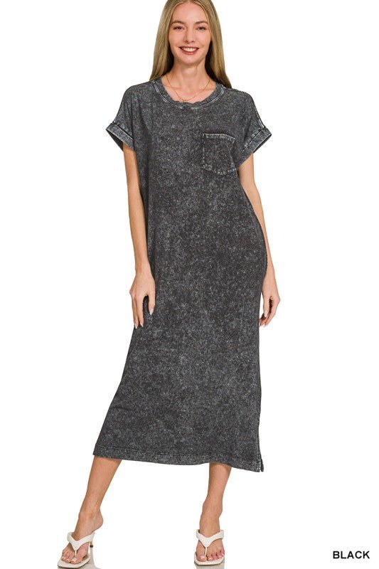 WASHED EXPOSED SEAM SHORT SLEEVE T-Shirt Dress In Black - ivyandlavyboutique Zenana