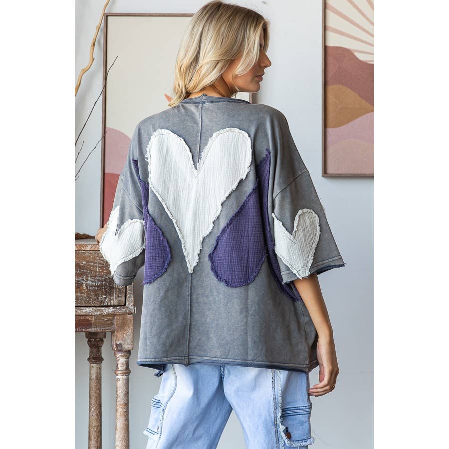 WASHED HEART PATCHWORK SHORT SLEEVE OVERSIZE TEE - ivyandlavyboutique Oli&Hali