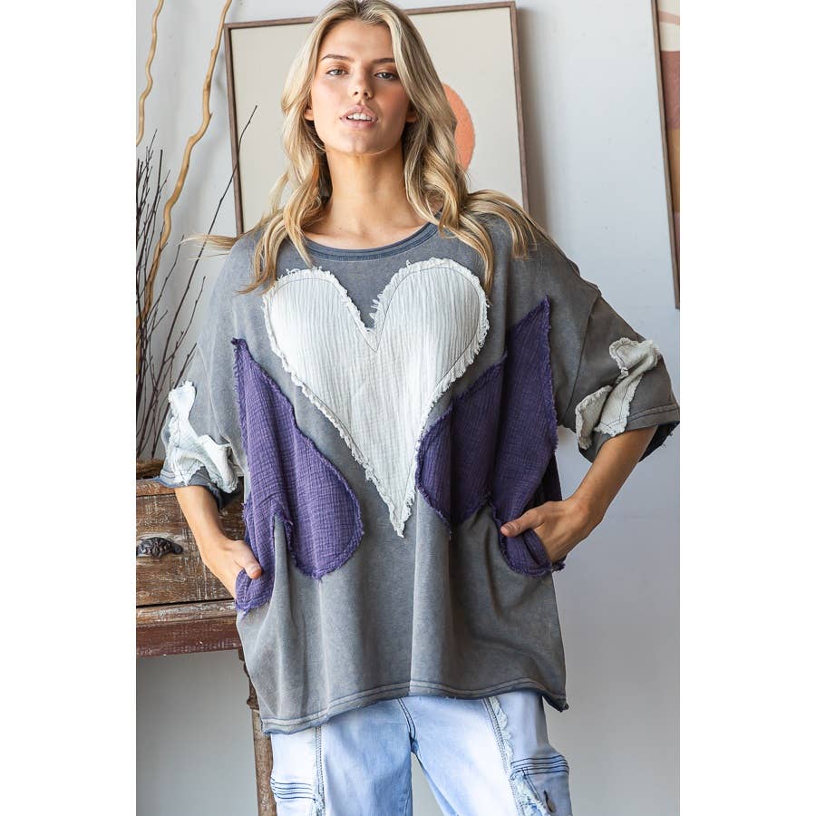 WASHED HEART PATCHWORK SHORT SLEEVE OVERSIZE TEE - ivyandlavyboutique Oli&Hali