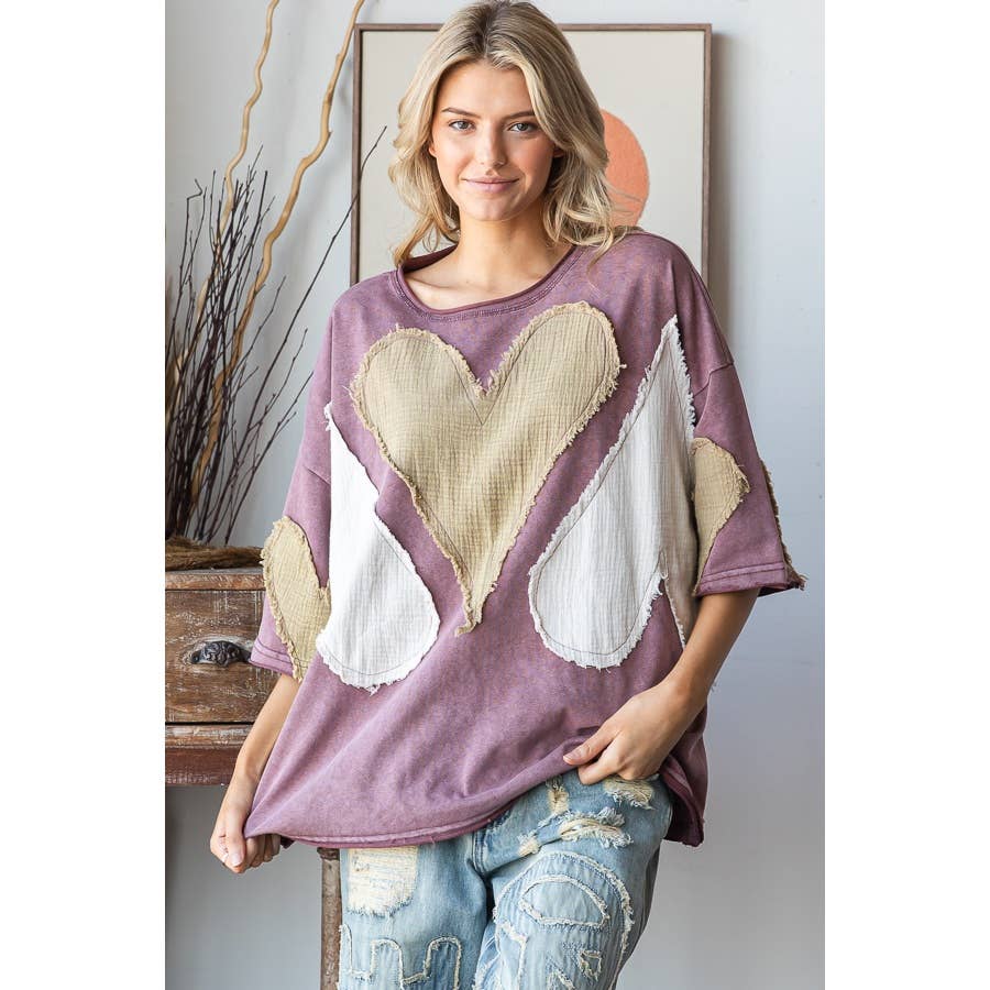 WASHED HEART PATCHWORK SHORT SLEEVE OVERSIZE TEE - ivyandlavyboutique Oli&Hali