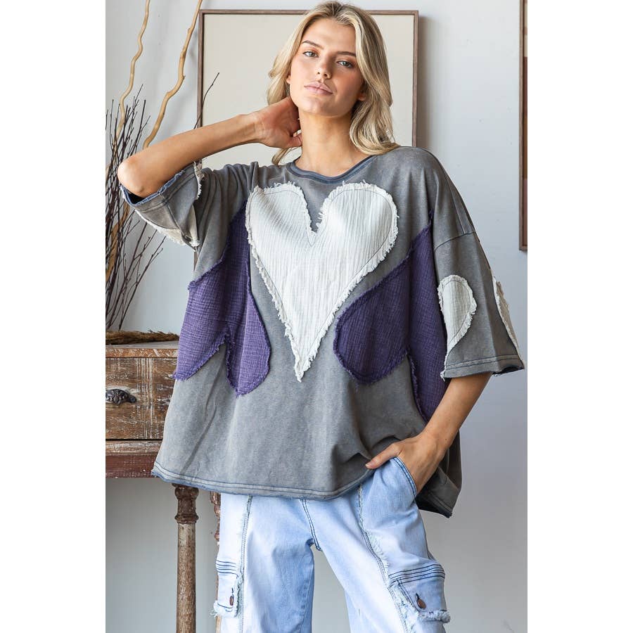 WASHED HEART PATCHWORK SHORT SLEEVE OVERSIZE TEE - ivyandlavyboutique Oli&Hali