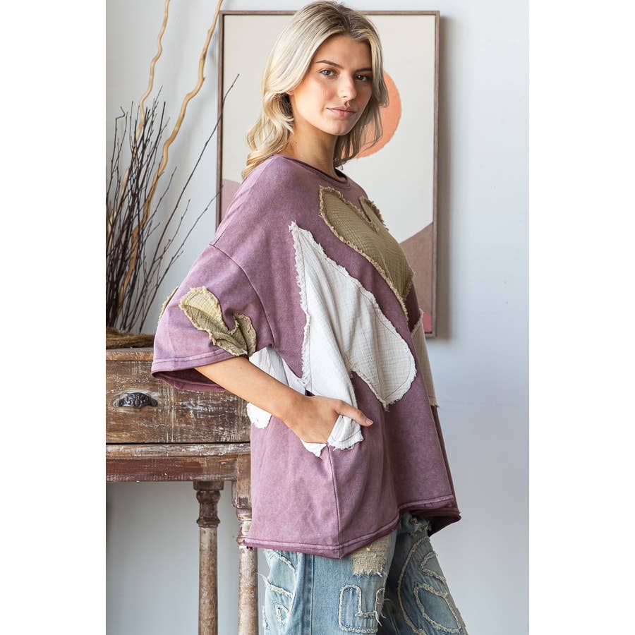 WASHED HEART PATCHWORK SHORT SLEEVE OVERSIZE TEE - ivyandlavyboutique Oli&Hali