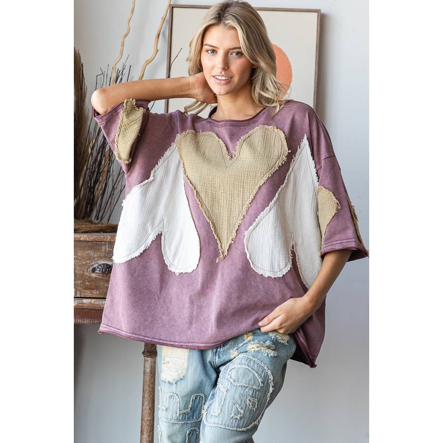WASHED HEART PATCHWORK SHORT SLEEVE OVERSIZE TEE - ivyandlavyboutique Oli&Hali