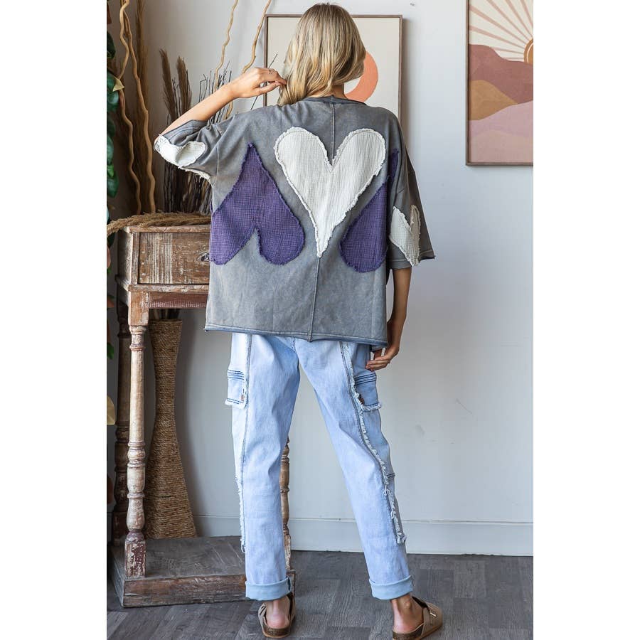 WASHED HEART PATCHWORK SHORT SLEEVE OVERSIZE TEE - ivyandlavyboutique Oli&Hali