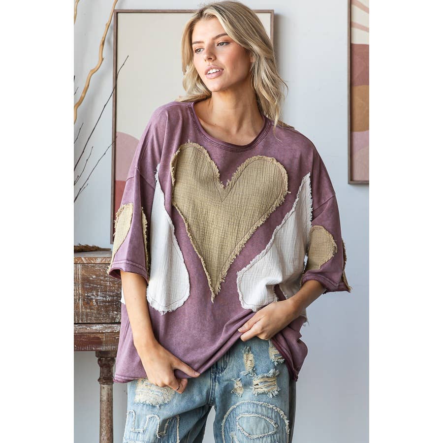WASHED HEART PATCHWORK SHORT SLEEVE OVERSIZE TEE - ivyandlavyboutique Oli&Hali