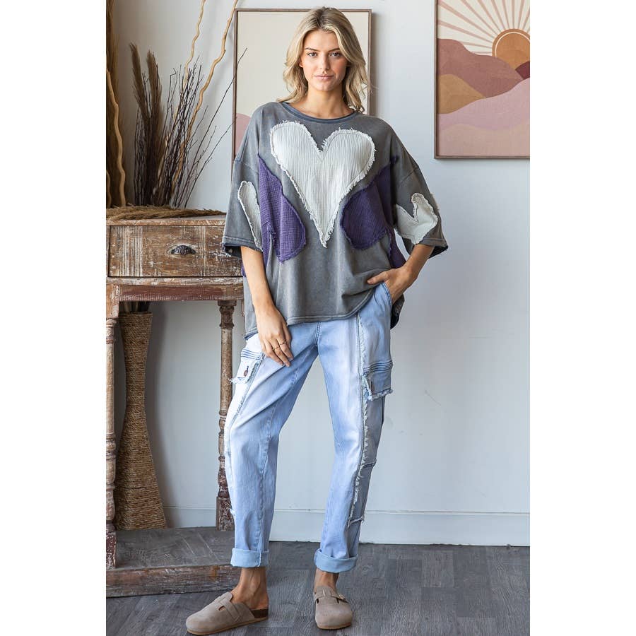 WASHED HEART PATCHWORK SHORT SLEEVE OVERSIZE TEE - ivyandlavyboutique Oli&Hali