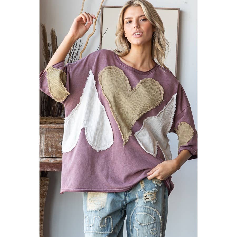WASHED HEART PATCHWORK SHORT SLEEVE OVERSIZE TEE - ivyandlavyboutique Oli&Hali