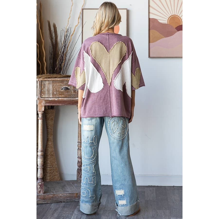 WASHED HEART PATCHWORK SHORT SLEEVE OVERSIZE TEE - ivyandlavyboutique Oli&Hali