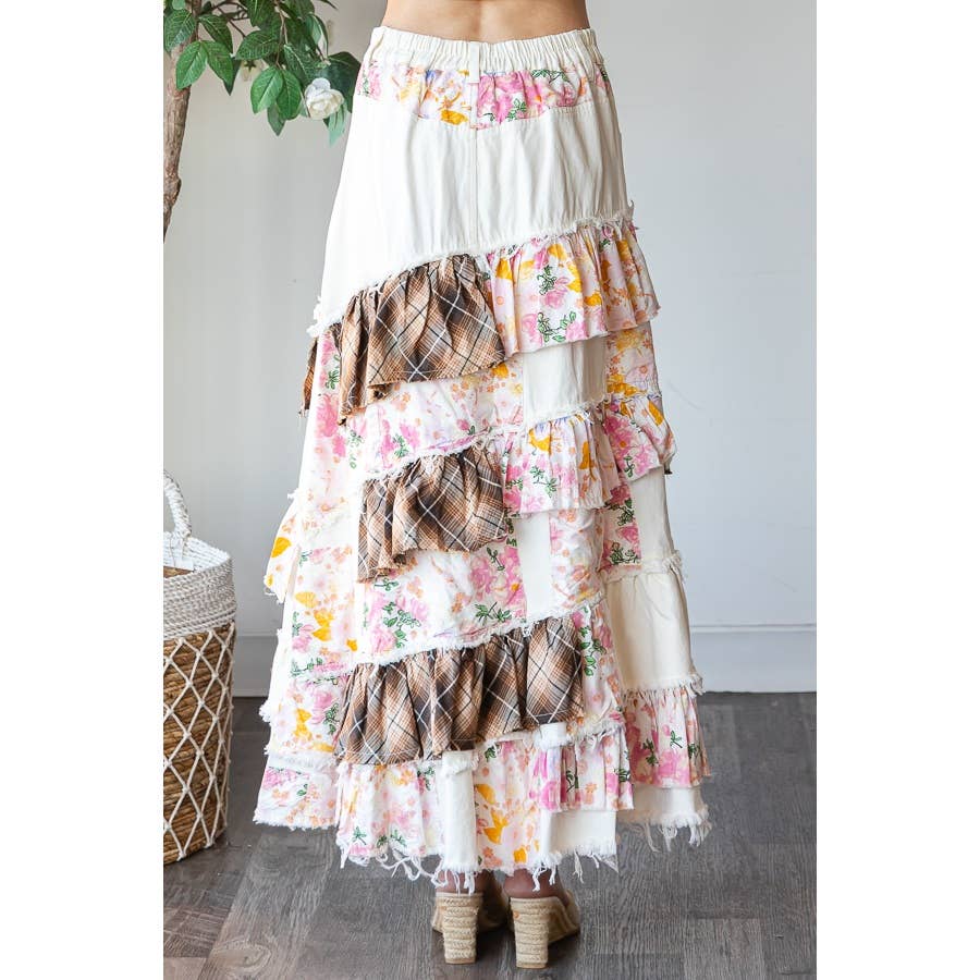WASHED PLAID FLOWER PATCHWORK SLIT MAXI Skirt In Pink - ivyandlavyboutique Oli&Hali