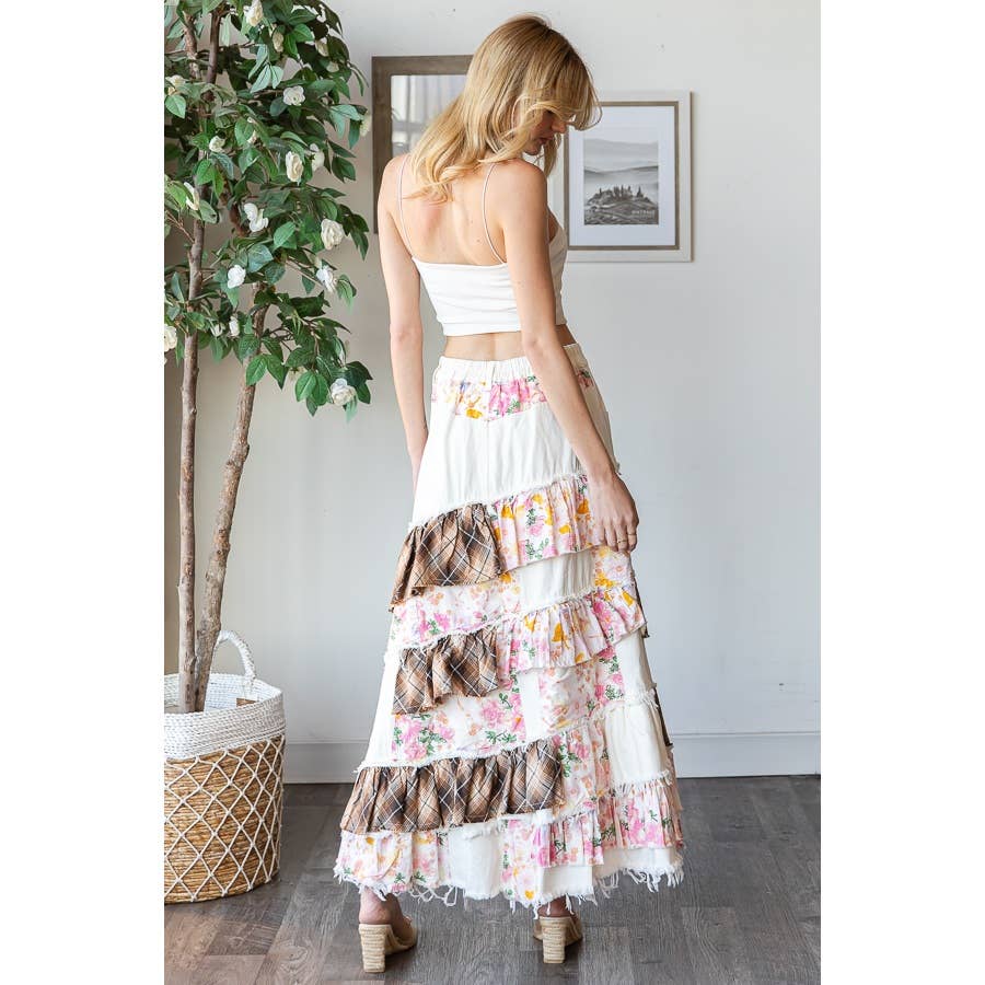 WASHED PLAID FLOWER PATCHWORK SLIT MAXI Skirt In Pink - ivyandlavyboutique Oli&Hali