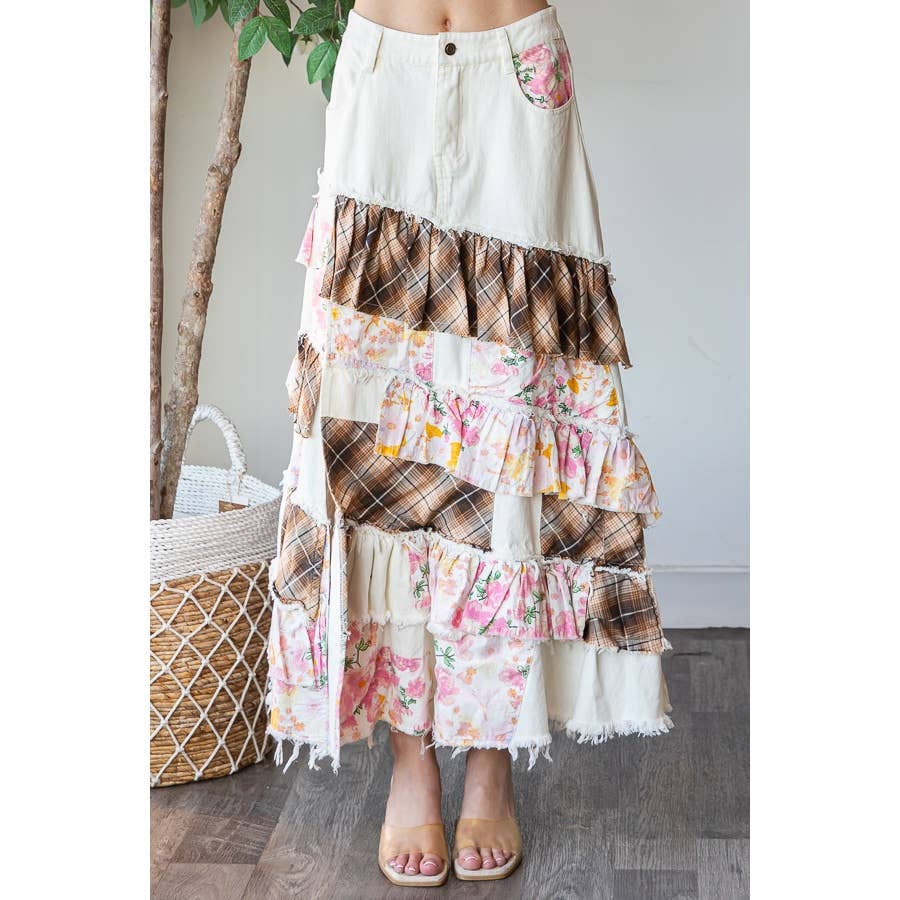 WASHED PLAID FLOWER PATCHWORK SLIT MAXI Skirt In Pink - ivyandlavyboutique Oli&Hali