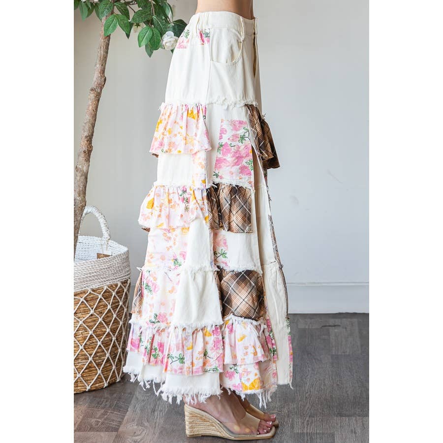 WASHED PLAID FLOWER PATCHWORK SLIT MAXI Skirt In Pink - ivyandlavyboutique Oli&Hali