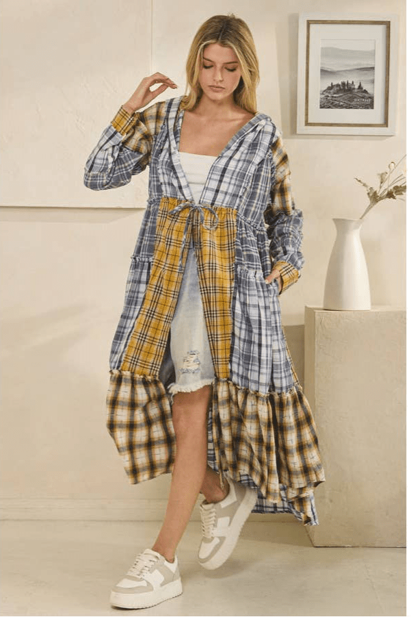 WASHED PLAID MIXED HOODED LONG SLEEVE DUSTER in Blue - ivyandlavyboutique Oli&Hali