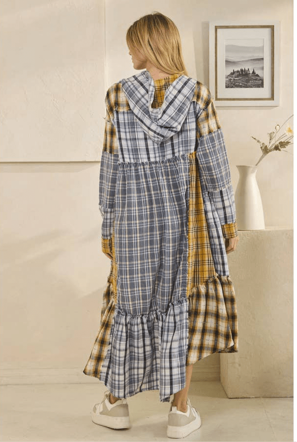 WASHED PLAID MIXED HOODED LONG SLEEVE DUSTER in Blue - ivyandlavyboutique Oli&Hali