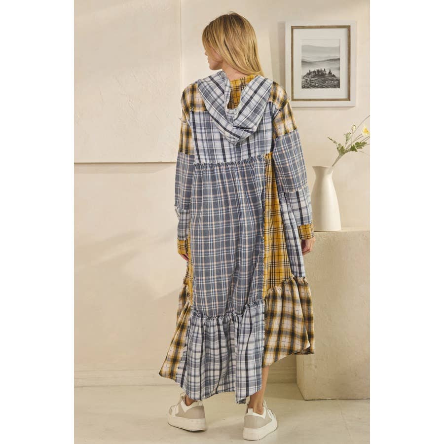 WASHED PLAID MIXED HOODED LONG SLEEVE DUSTER in Blue - ivyandlavyboutique Oli&Hali