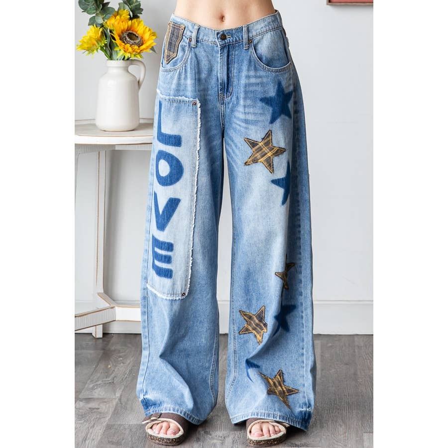 WASHED STAR LOVE PATCHWORK DENIM JEAN - ivyandlavyboutique Oli&Hali