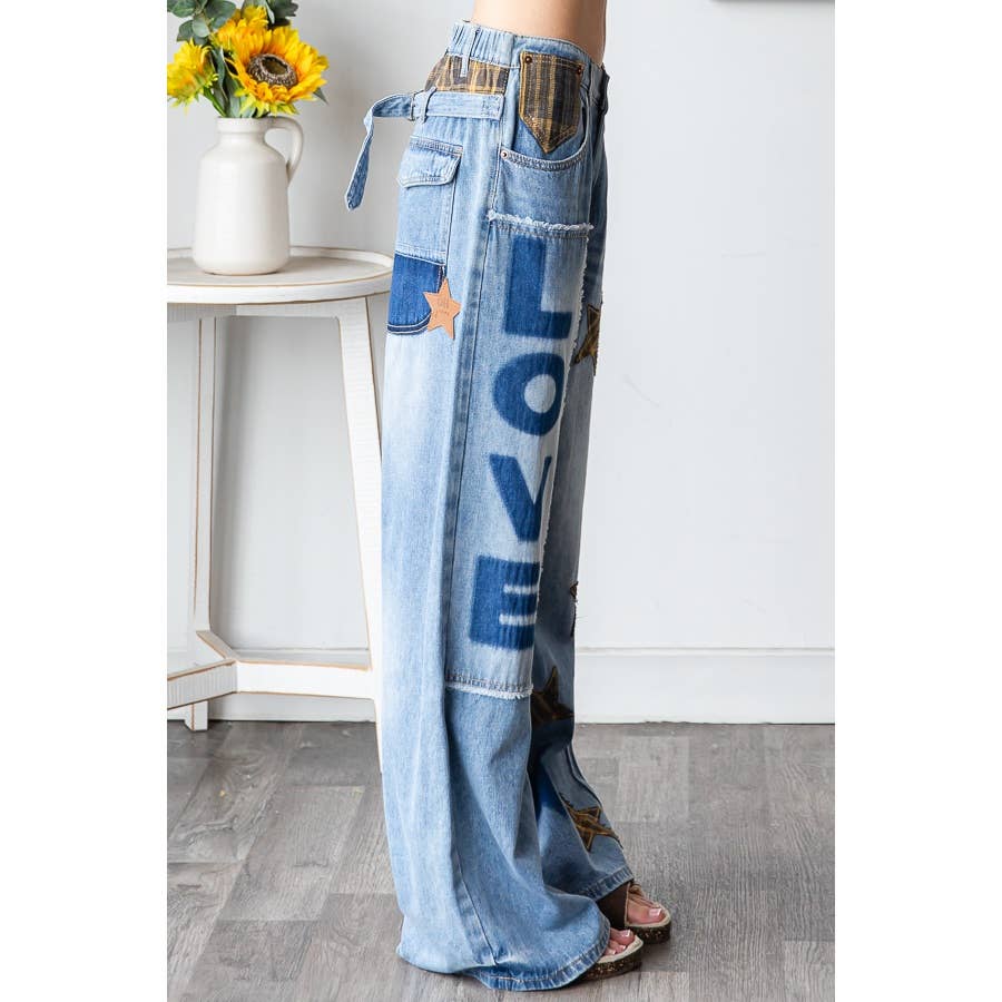WASHED STAR LOVE PATCHWORK DENIM JEAN - ivyandlavyboutique Oli&Hali