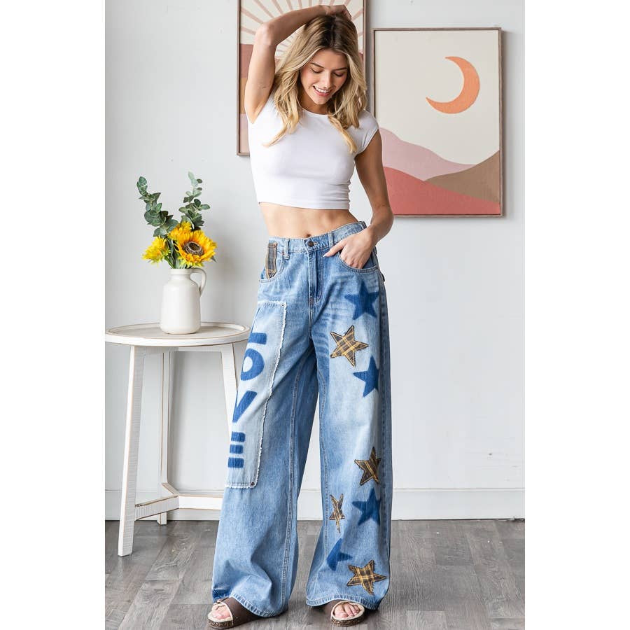 WASHED STAR LOVE PATCHWORK DENIM JEAN - ivyandlavyboutique Oli&Hali