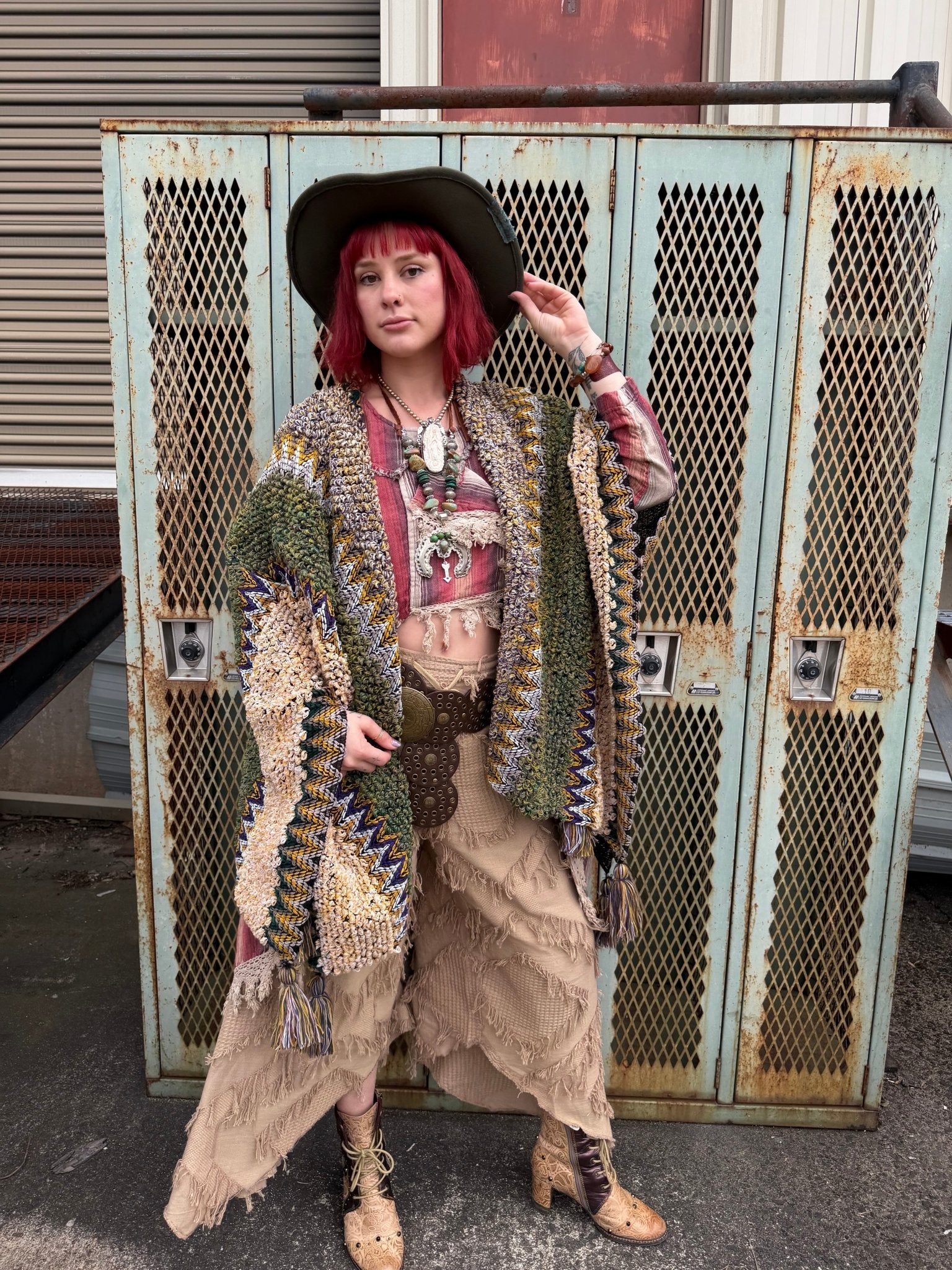 Western Colorful Crochet Patterned Ruana Mustard - ivyandlavyboutique Leto Accessories