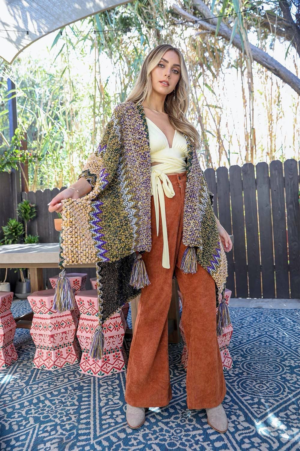 Western Colorful Crochet Patterned Ruana Mustard - ivyandlavyboutique Leto Accessories