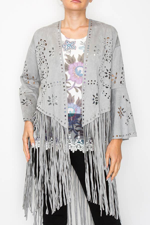 Western - Inspired Laser - Cut Buttery Faux Suede With Fringe Trim - ivyandlavyboutique Origami Apparel ~ Lace and Crochet inspired
