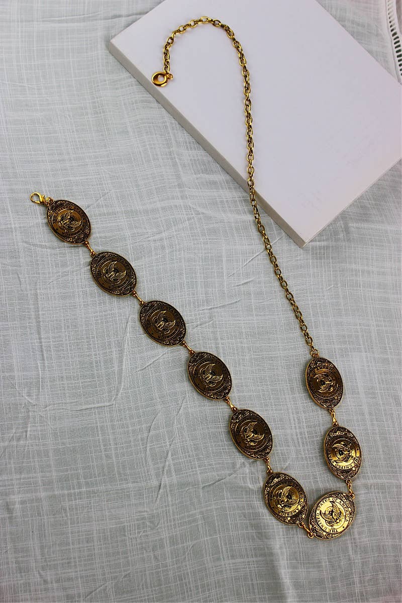 Western USA Eagle Chain Belt – Patriotic Oval Buckle: Antique Gold - ivyandlavyboutique Leto Accessories