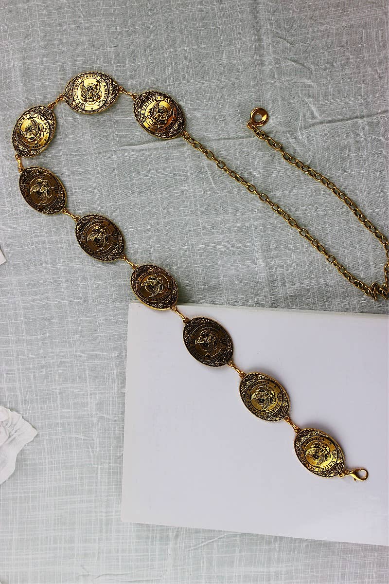 Western USA Eagle Chain Belt – Patriotic Oval Buckle: Antique Gold - ivyandlavyboutique Leto Accessories