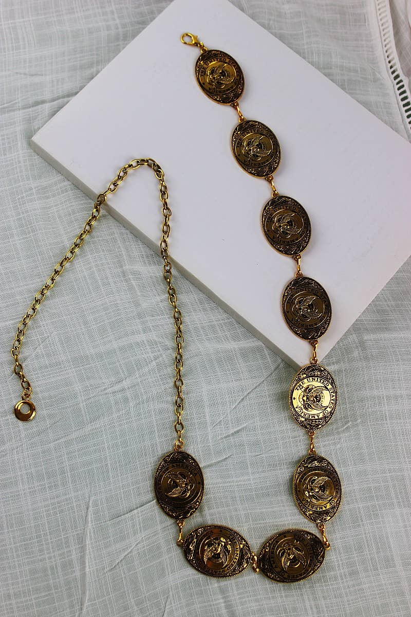 Western USA Eagle Chain Belt – Patriotic Oval Buckle: Antique Gold - ivyandlavyboutique Leto Accessories