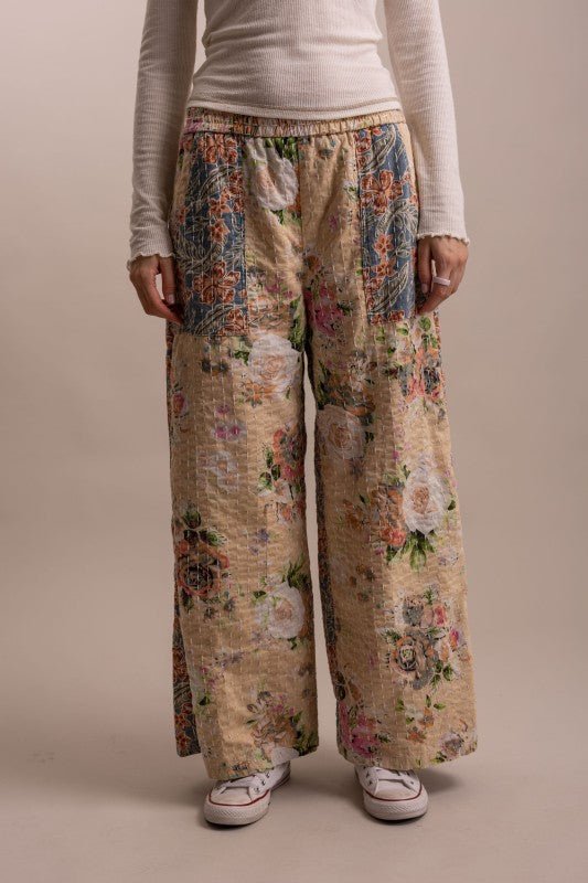 Wide Leg Patchwork Floral Pants - Boho Wanderlust Boutique Blue Velvet