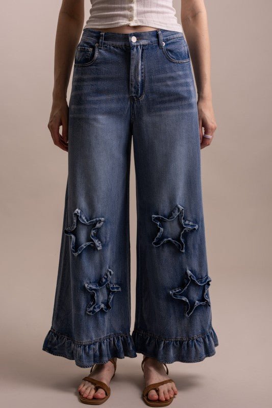 Wide Leg Ruffle Hem Star Patch Denim Pant - ivyandlavyboutique Blue Velvet