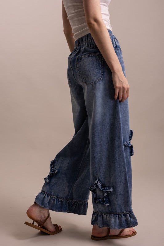 Wide Leg Ruffle Hem Star Patch Denim Pant - ivyandlavyboutique Blue Velvet